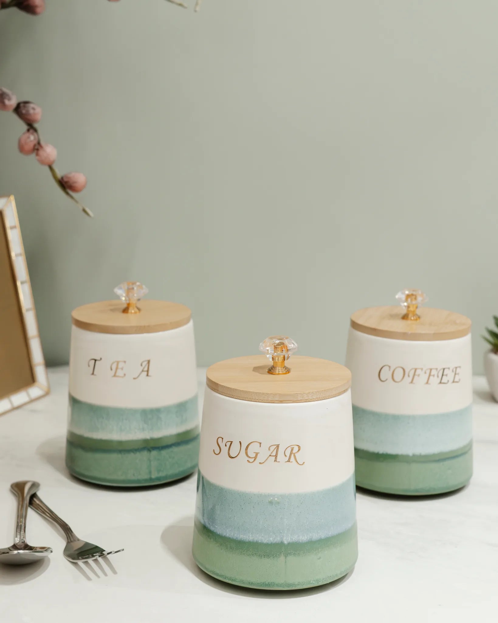 CRYSTAL TEA COFFEE SUGAR SET - TEA COFFE SUGAR SET of 3 with wooden air tight top