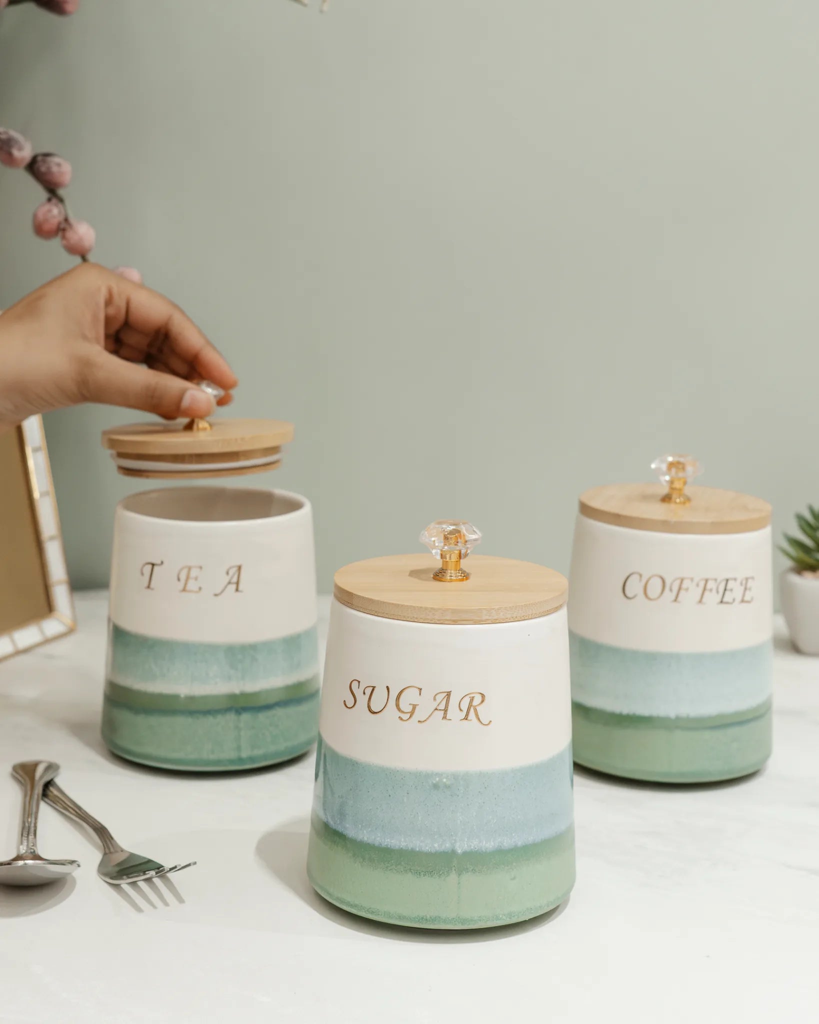 CRYSTAL TEA COFFEE SUGAR SET - TEA COFFE SUGAR SET of 3 with wooden air tight top