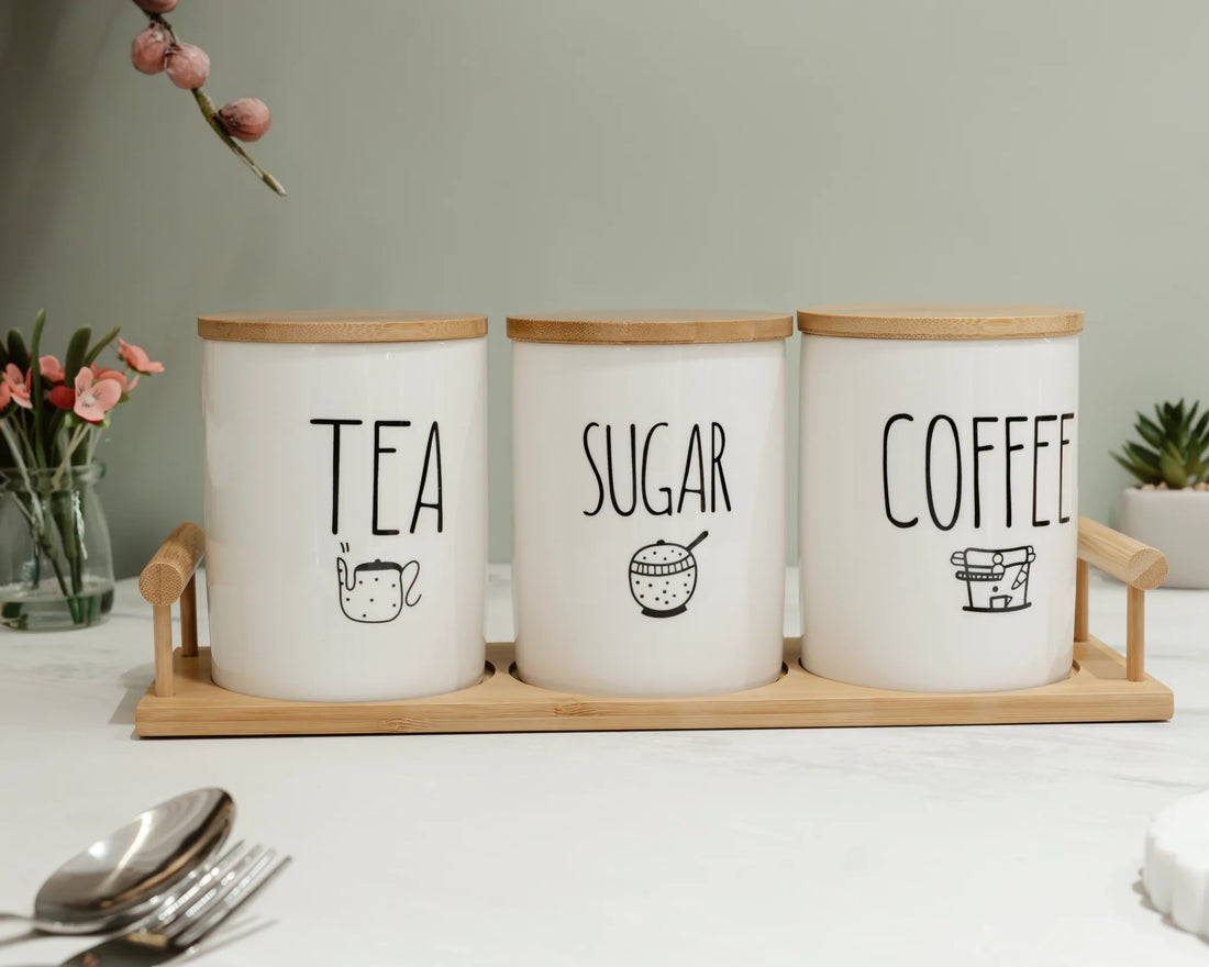 NATURE'S TOUCH TEA COFFE SUGAR SET - TEA COFFE SUGAR SET of 3 with wooden air tight top